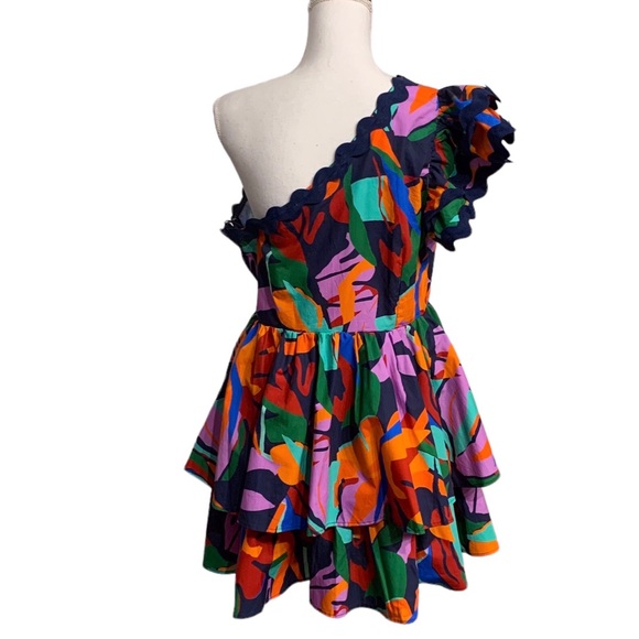 PEACE LOVE CALIFORNIA ADDIE ABSTRACT ONE SHOULDER TIERED MULTICOLOR MINI DRESS - Picture 3 of 16